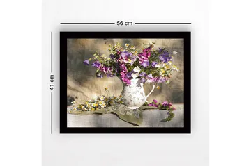 Innrammet lerretsbilde i tre - 41x56 cm - Fargerik blomsterbukett i en keramisk mugge - Lilla / Hvit / Gul - Interiør - Maleri & posters - Lerretsbilder