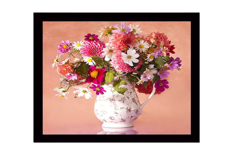 Innrammet lerretsbilde i tre - 41x56 cm - Fargerik blomsterbukett i en porselensmugge, Rosa / Hvit / Grønn