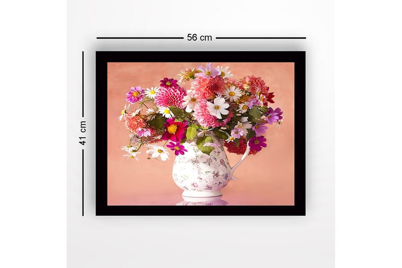 Innrammet lerretsbilde i tre - 41x56 cm - Fargerik blomsterbukett i en porselensmugge - Rosa / Hvit / Grønn - Interiør - Maleri & posters - Lerretsbilder