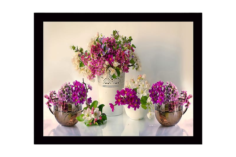 Innrammet lerretsbilde i tre - 41x56 cm - Fargerik blomsterbukett i forskjellige nyanser av lilla og hvitt, Lilla / Hvit
