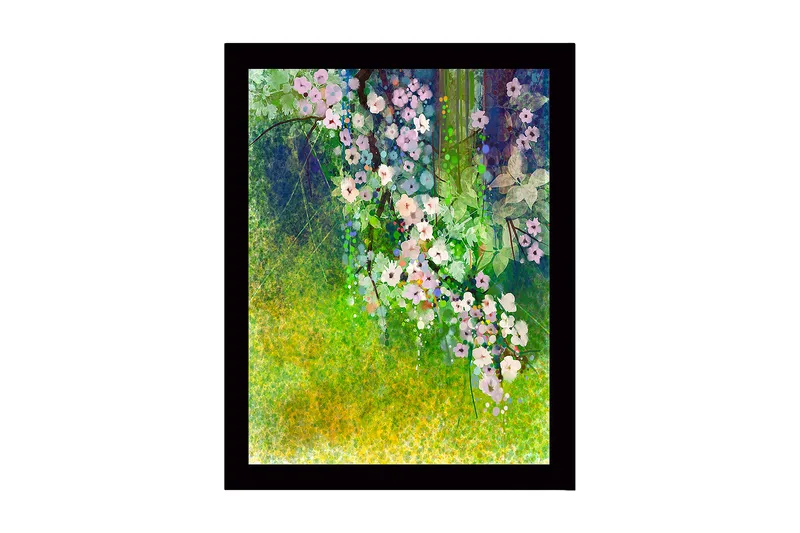 Innrammet lerretsbilde i tre - 41x56 cm - Fargerik blomsterbukett i frodige omgivelser, Grønn / Rosa / Hvit