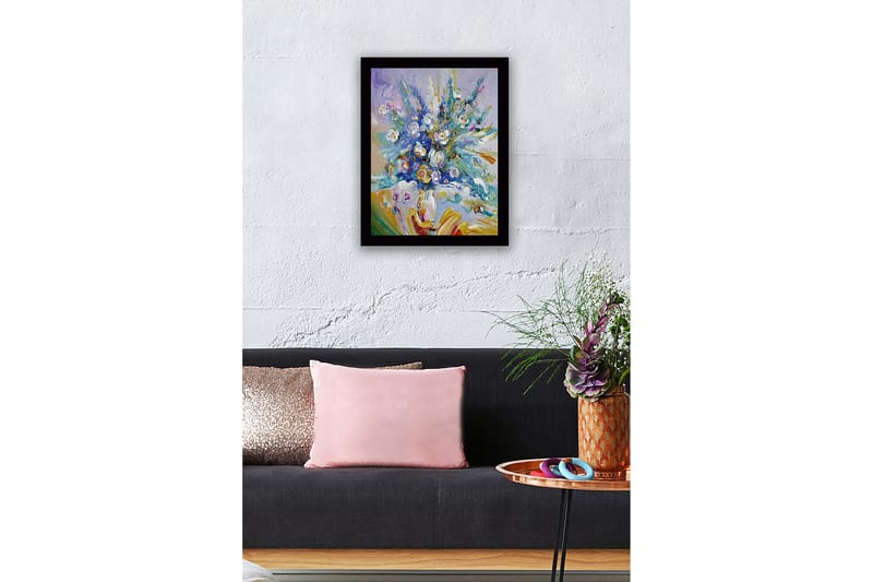 Innrammet lerretsbilde i tre - 41x56 cm - Fargerik blomsterbukett i livlige nyanser - Blå / Hvit / Grønn - Interiør - Maleri & posters - Lerretsbilder