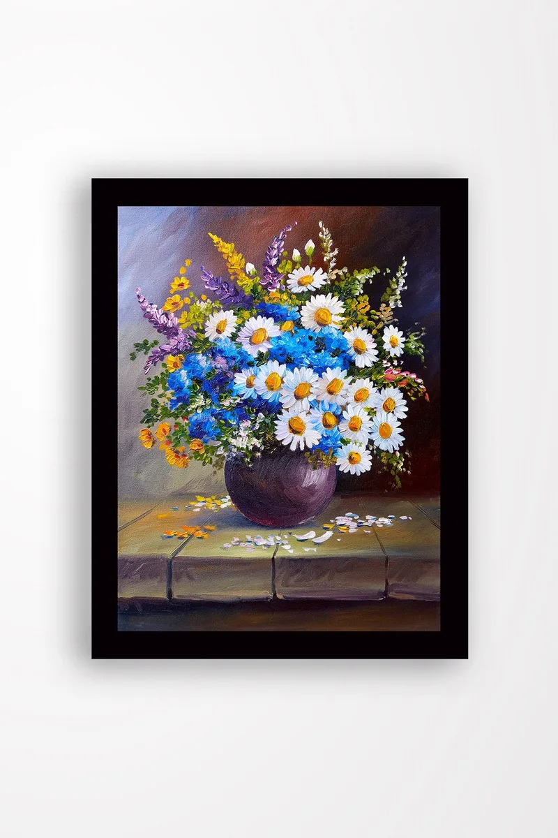 Innrammet lerretsbilde i tre - 41x56 cm - Fargerik blomsterbukett i vase, Blå / Hvit / Gul