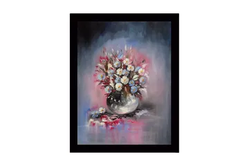 Innrammet lerretsbilde i tre - 41x56 cm - Fargerik blomsterbukett i vase - Blå / Hvit / Rosa - Interiør - Maleri & posters - Lerretsbilder