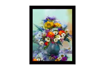 Innrammet lerretsbilde i tre - 41x56 cm - Fargerik blomsterbukett i vase - Gul / Grønn / Lilla - Interiør - Maleri & posters - Lerretsbilder