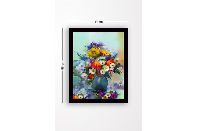 Innrammet lerretsbilde i tre - 41x56 cm - Fargerik blomsterbukett i vase - Gul / Grønn / Lilla - Interiør - Maleri & posters - Lerretsbilder