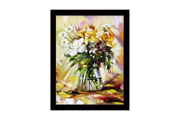 Innrammet lerretsbilde i tre - 41x56 cm - Fargerik blomsterbukett i vase - Hvit / Gul / Grønn - Interiør - Maleri & posters - Lerretsbilder
