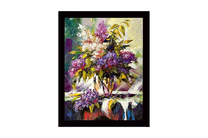 Innrammet lerretsbilde i tre - 41x56 cm - Fargerik blomsterbukett i vase, Lilla / Grønn / Hvit