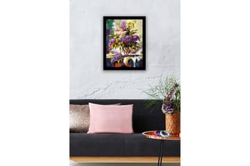 Innrammet lerretsbilde i tre - 41x56 cm - Fargerik blomsterbukett i vase - Lilla / Grønn / Hvit - Interiør - Maleri & posters - Lerretsbilder