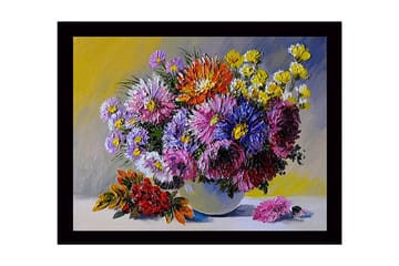 Innrammet lerretsbilde i tre - 41x56 cm - Fargerik blomsterbukett i vase - Lilla / Gul / Rød - Interiør - Maleri & posters - Lerretsbilder
