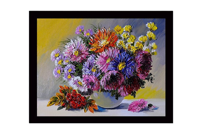 Innrammet lerretsbilde i tre - 41x56 cm - Fargerik blomsterbukett i vase, Lilla / Gul / Rød