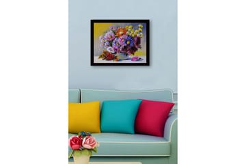 Innrammet lerretsbilde i tre - 41x56 cm - Fargerik blomsterbukett i vase - Lilla / Gul / Rød - Interiør - Maleri & posters - Lerretsbilder