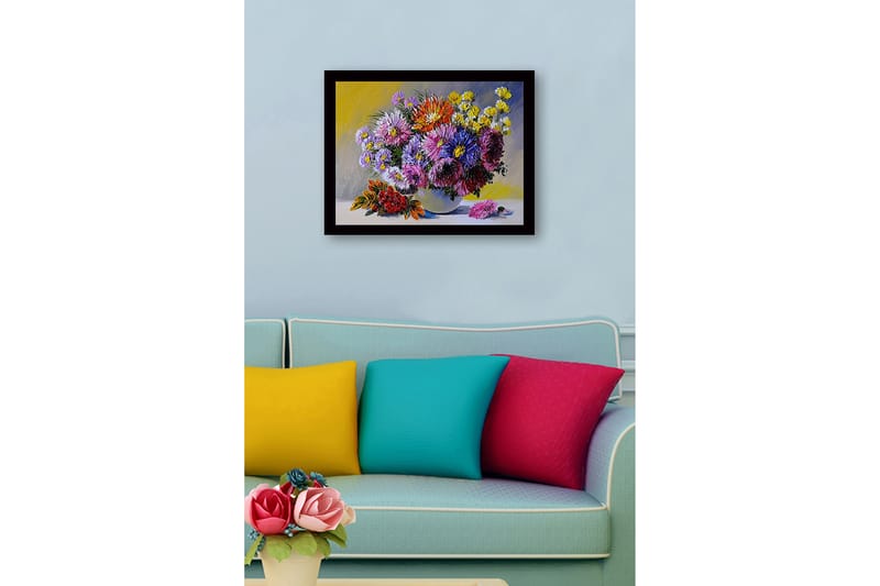 Innrammet lerretsbilde i tre - 41x56 cm - Fargerik blomsterbukett i vase - Lilla / Gul / Rød - Interiør - Maleri & posters - Lerretsbilder