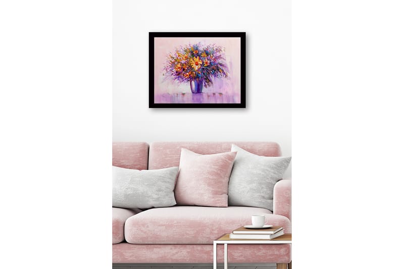 Innrammet lerretsbilde i tre - 41x56 cm - Fargerik blomsterbukett i vase - Lilla / Oransje / Gul - Interiør - Maleri & posters - Lerretsbilder