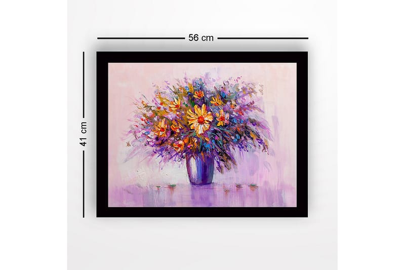 Innrammet lerretsbilde i tre - 41x56 cm - Fargerik blomsterbukett i vase - Lilla / Oransje / Gul - Interiør - Maleri & posters - Lerretsbilder
