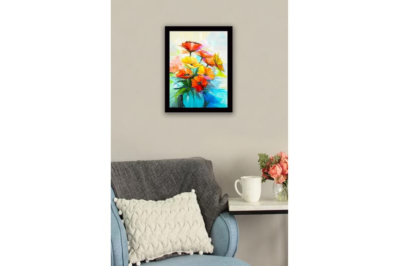 Innrammet lerretsbilde i tre - 41x56 cm - Fargerik blomsterbukett i vase - Rød / Gul / Grønn - Interiør - Maleri & posters - Lerretsbilder