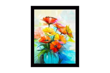 Innrammet lerretsbilde i tre - 41x56 cm - Fargerik blomsterbukett i vase - Rød / Gul / Grønn - Interiør - Maleri & posters - Lerretsbilder