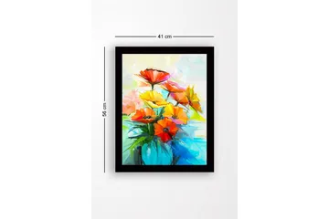 Innrammet lerretsbilde i tre - 41x56 cm - Fargerik blomsterbukett i vase - Rød / Gul / Grønn - Interiør - Maleri & posters - Lerretsbilder