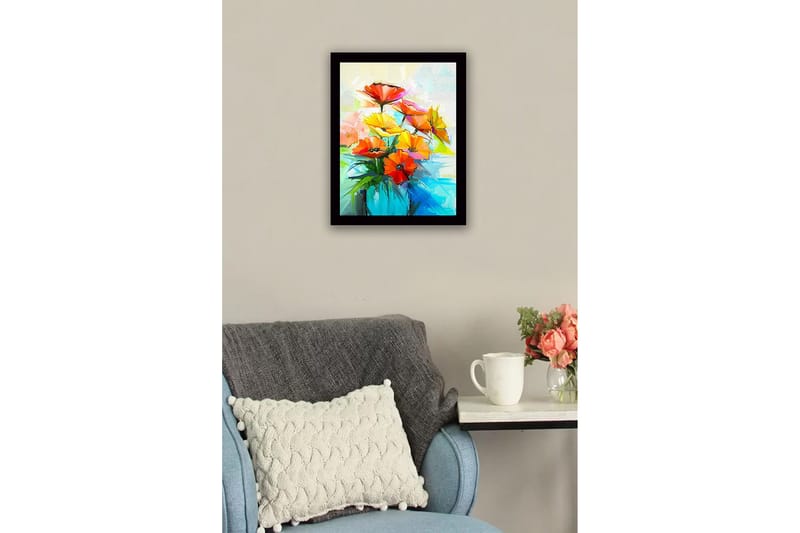 Innrammet lerretsbilde i tre - 41x56 cm - Fargerik blomsterbukett i vase - Rød / Gul / Grønn - Interiør - Maleri & posters - Lerretsbilder
