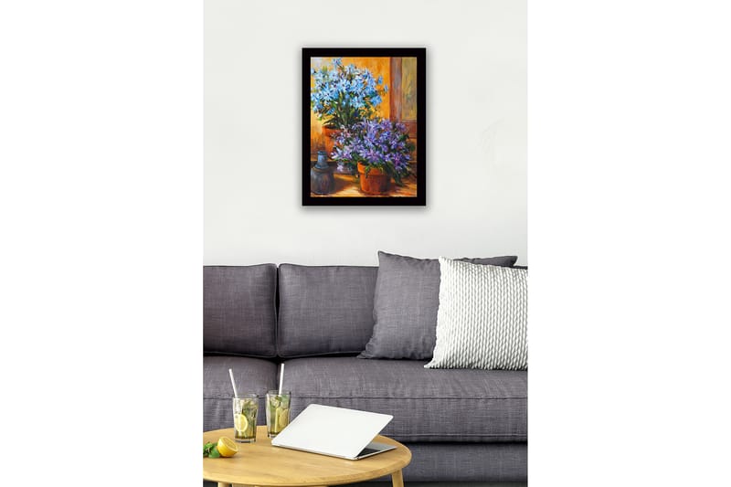 Innrammet lerretsbilde i tre - 41x56 cm - Fargerik blomsterbukett i potter - Blå / Lilla / Grønn - Interiør - Maleri & posters - Lerretsbilder