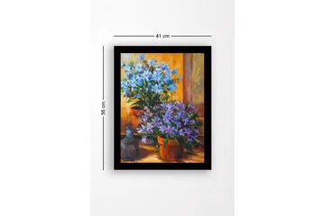 Innrammet lerretsbilde i tre - 41x56 cm - Fargerik blomsterbukett i potter - Blå / Lilla / Grønn - Interiør - Maleri & posters - Lerretsbilder