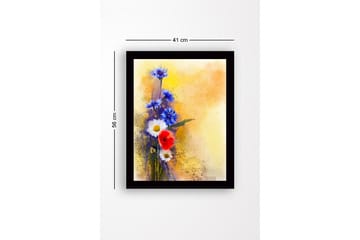 Innrammet lerretsbilde i tre - 41x56 cm - Fargerik blomsterbukett med blå og røde elementer - Blå / Rød / Hvit - Interiør - Maleri & posters - Lerretsbilder
