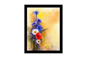 Innrammet lerretsbilde i tre - 41x56 cm - Fargerik blomsterbukett med blå og røde elementer - Blå / Rød / Hvit - Interiør - Maleri & posters - Lerretsbilder