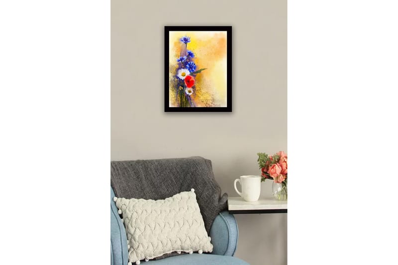 Innrammet lerretsbilde i tre - 41x56 cm - Fargerik blomsterbukett med blå og røde elementer - Blå / Rød / Hvit - Interiør - Maleri & posters - Lerretsbilder