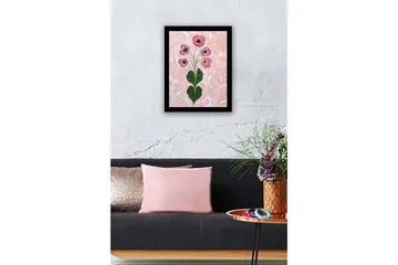Innrammet lerretsbilde i tre - 41x56 cm - Fargerik blomsterbukett med stiliserte blomster - Rosa / Grønn / Svart - Interiør - Maleri & posters - Lerretsbilder