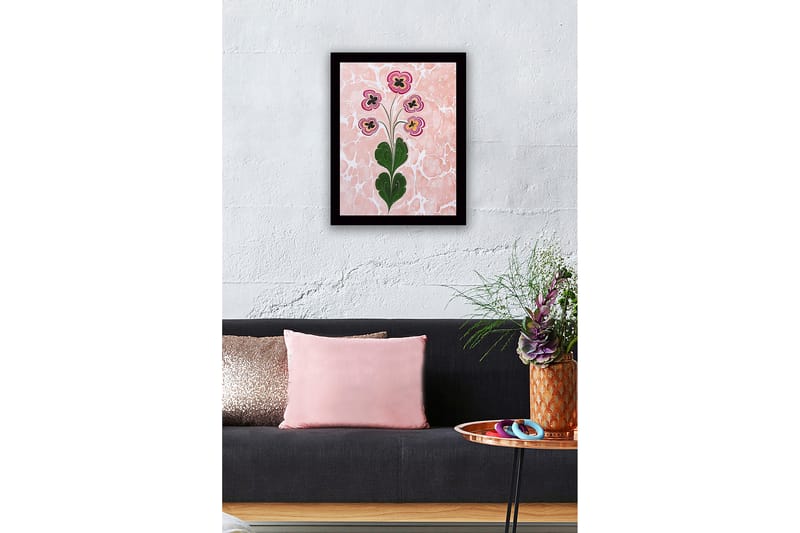 Innrammet lerretsbilde i tre - 41x56 cm - Fargerik blomsterbukett med stiliserte blomster - Rosa / Grønn / Svart - Interiør - Maleri & posters - Lerretsbilder