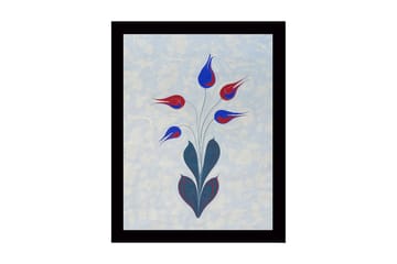 Innrammet lerretsbilde i tre - 41x56 cm - Fargerik blomsterbukett med stiliserte knopper - Rød / Blå / Grønn - Interiør - Maleri & posters - Lerretsbilder