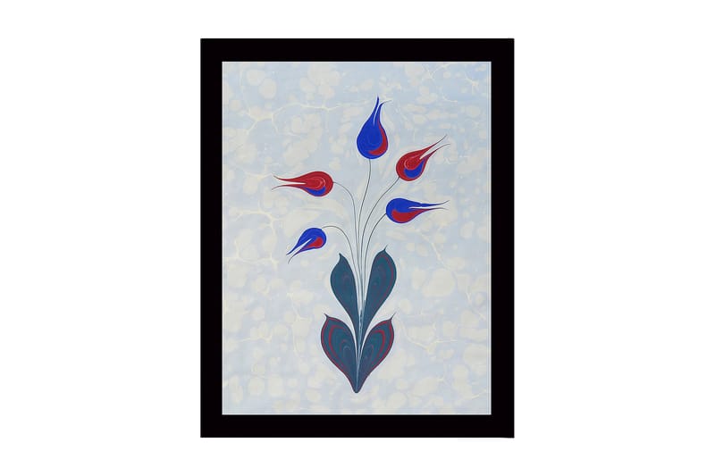 Innrammet lerretsbilde i tre - 41x56 cm - Fargerik blomsterbukett med stiliserte knopper, Rød / Blå / Grønn