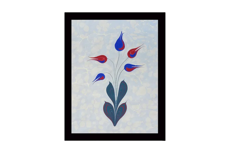 Innrammet lerretsbilde i tre - 41x56 cm - Fargerik blomsterbukett med stiliserte knopper, Rød / Blå / Grønn