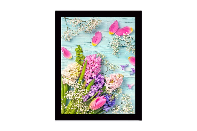Innrammet lerretsbilde i tre - 41x56 cm - Fargerik blomsterbukett med tulipaner og hyasinter, Rosa / Lilla / Hvit