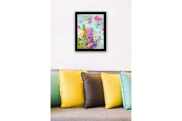 Innrammet lerretsbilde i tre - 41x56 cm - Fargerik blomsterbukett med tulipaner og hyasinter - Rosa / Lilla / Hvit - Interiør - Maleri & posters - Lerretsbilder
