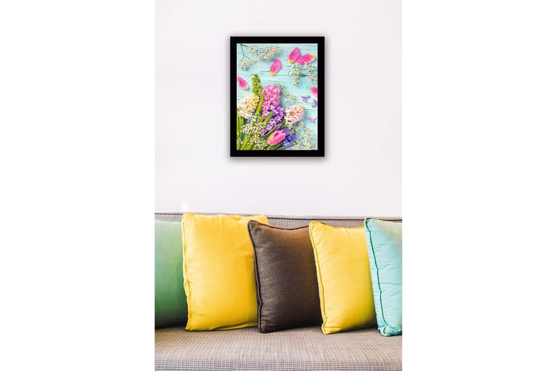 Innrammet lerretsbilde i tre - 41x56 cm - Fargerik blomsterbukett med tulipaner og hyasinter - Rosa / Lilla / Hvit - Interiør - Maleri & posters - Lerretsbilder