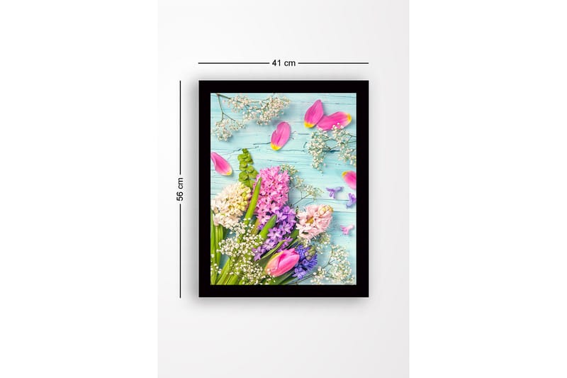 Innrammet lerretsbilde i tre - 41x56 cm - Fargerik blomsterbukett med tulipaner og hyasinter - Rosa / Lilla / Hvit - Interiør - Maleri & posters - Lerretsbilder