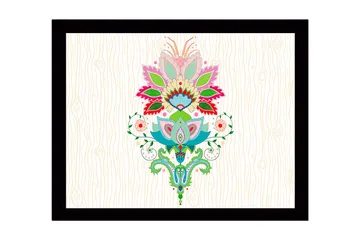 Innrammet lerretsbilde i tre - 41x56 cm - Fargerik blomsterdesign med detaljerte blader og mønstre - Rosa / Grønn / Blå - Interiør - Maleri & posters - Lerretsbilder