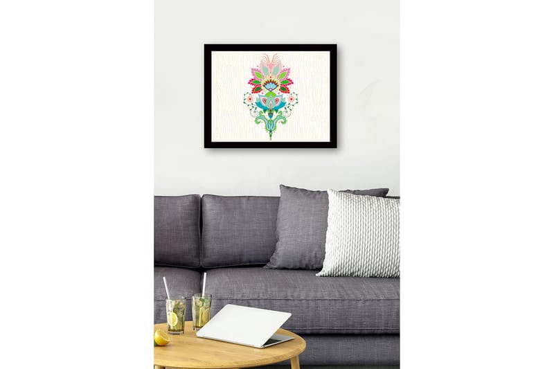 Innrammet lerretsbilde i tre - 41x56 cm - Fargerik blomsterdesign med detaljerte blader og mønstre - Rosa / Grønn / Blå - Interiør - Maleri & posters - Lerretsbilder