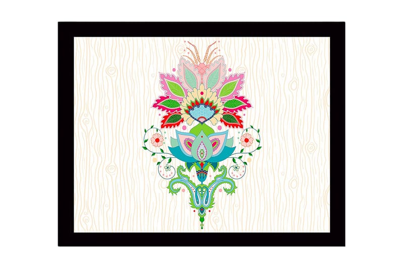 Innrammet lerretsbilde i tre - 41x56 cm - Fargerik blomsterdesign med detaljerte blader og mønstre, Rosa / Grønn / Blå