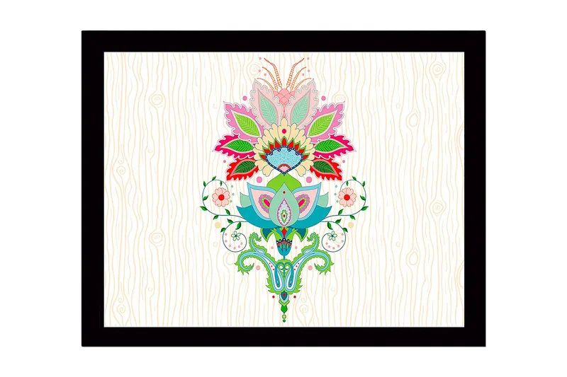 Innrammet lerretsbilde i tre - 41x56 cm - Fargerik blomsterdesign med detaljerte blader og mønstre, Rosa / Grønn / Blå