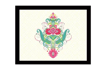 Innrammet lerretsbilde i tre - 41x56 cm - Fargerik blomsterdesign med spiraler og dekorative detaljer - Grønn / Rosa / Turkis - Interiør - Maleri & posters - Lerretsbilder