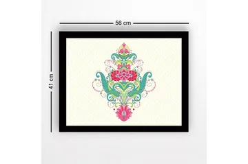 Innrammet lerretsbilde i tre - 41x56 cm - Fargerik blomsterdesign med spiraler og dekorative detaljer - Grønn / Rosa / Turkis - Interiør - Maleri & posters - Lerretsbilder