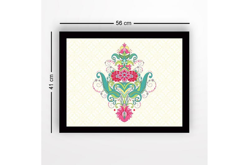 Innrammet lerretsbilde i tre - 41x56 cm - Fargerik blomsterdesign med spiraler og dekorative detaljer - Grønn / Rosa / Turkis - Interiør - Maleri & posters - Lerretsbilder