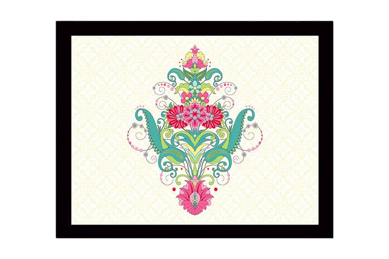 Innrammet lerretsbilde i tre - 41x56 cm - Fargerik blomsterdesign med spiraler og dekorative detaljer, Grønn / Rosa / Turkis