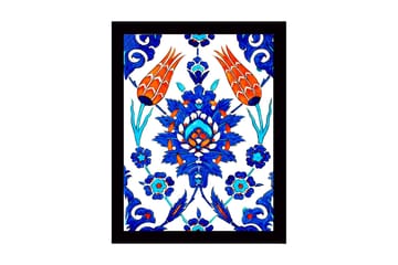 Innrammet lerretsbilde i tre - 41x56 cm - Fargerik blomsterdesign med stiliserte blomster og bladverk - Blå / Rød / Grønn - Interiør - Maleri & posters - Lerretsbilder