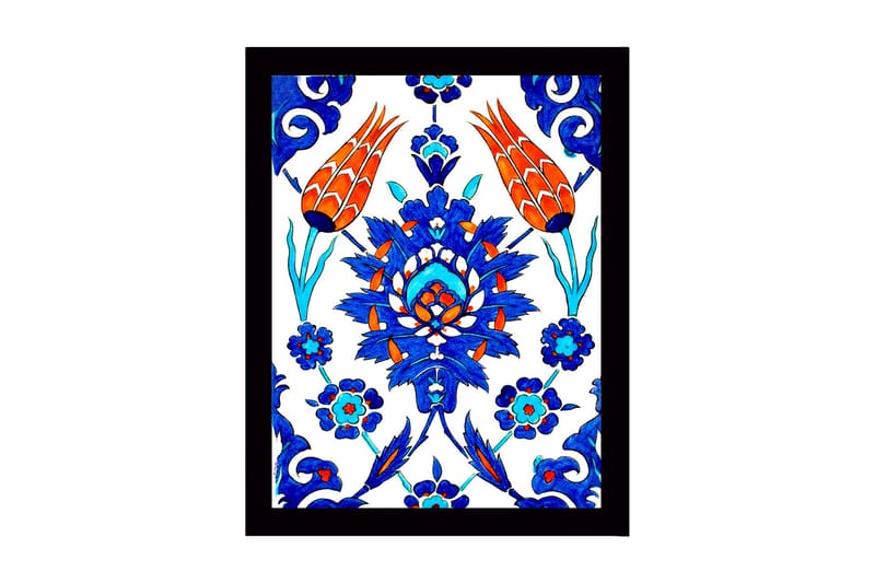 Innrammet lerretsbilde i tre - 41x56 cm - Fargerik blomsterdesign med stiliserte blomster og bladverk, Blå / Rød / Grønn