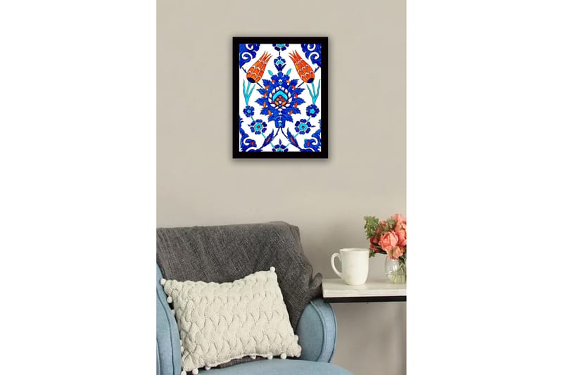 Innrammet lerretsbilde i tre - 41x56 cm - Fargerik blomsterdesign med stiliserte blomster og bladverk - Blå / Rød / Grønn - Interiør - Maleri & posters - Lerretsbilder