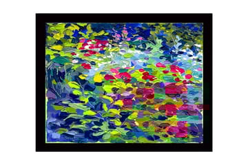 Innrammet lerretsbilde i tre - 41x56 cm - Fargerik blomstereng med roser og grønne blader - Grønn / Rød / Blå - Interiør - Maleri & posters - Lerretsbilder