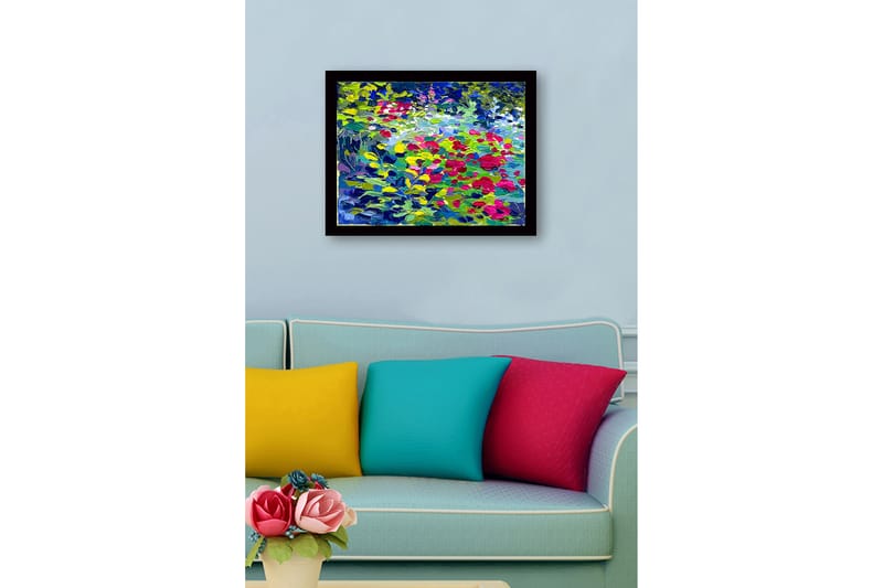 Innrammet lerretsbilde i tre - 41x56 cm - Fargerik blomstereng med roser og grønne blader - Grønn / Rød / Blå - Interiør - Maleri & posters - Lerretsbilder